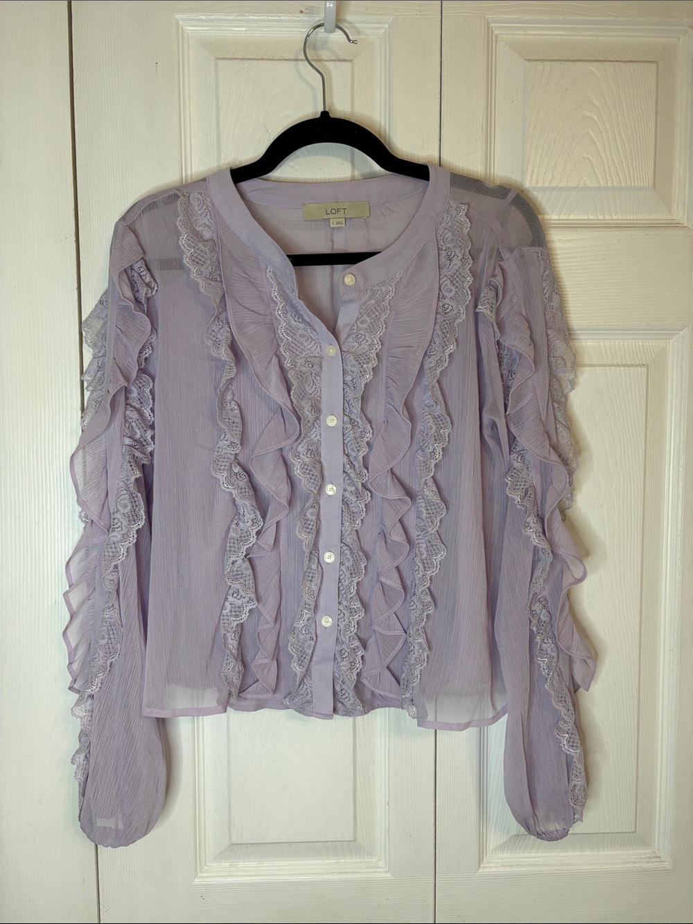 LOFT Lavender Ruffle Button-Down Blouse Small